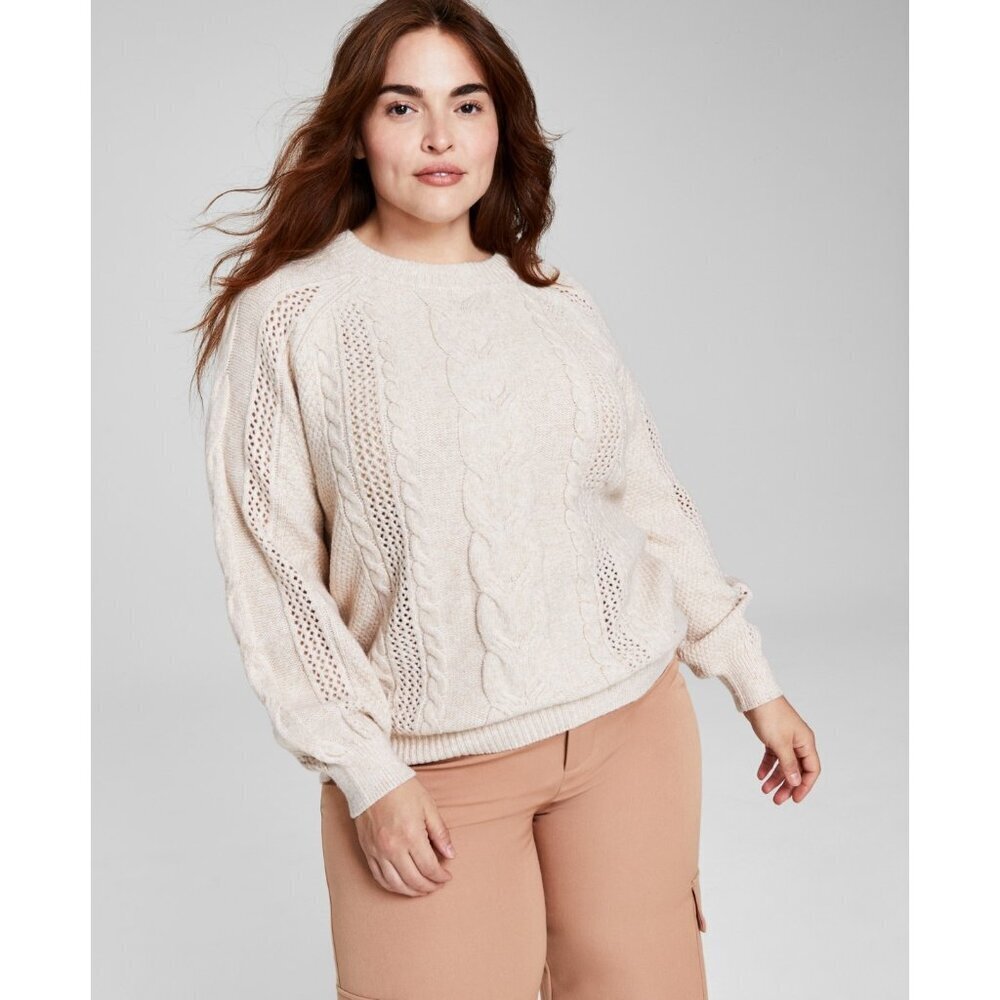 And Now This Womens Trendy Plus Size 3X Mixed-Knit Crewneck Sweater Cafe Melan